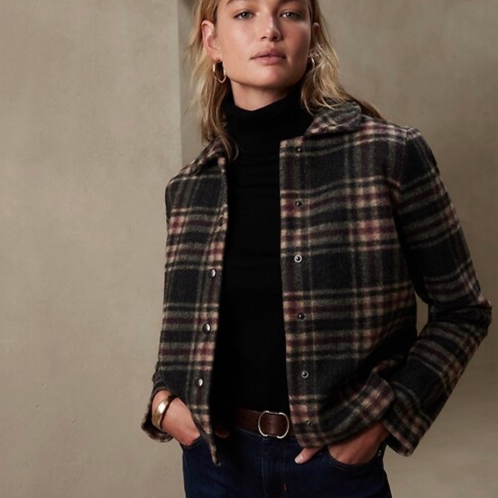 Banana Republic Womens Dark Plaid Snap-Front Wool Blend Jacket XSP